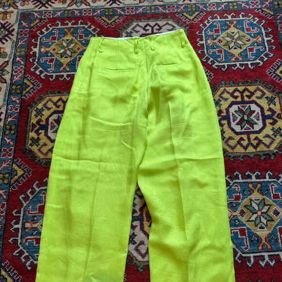 Sandro Neon Lime Green Pants w/ Defect Viscose Linen Wide Leg Trouser Pleated - Picture 6 of 9